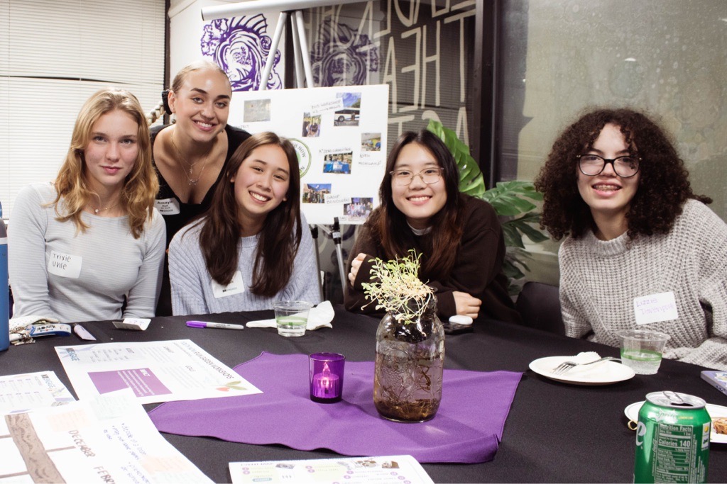 From left to right, Trixie Uhle, Amaya Hall, Anna Birchok, Addie Yon and Elizabeth Davenport pose at their Neutral Zone Engage table at an event where youth leaders were able to pitch their project ideas to members of the community. “It was amazing to see people so excited to see our work,” Birchok said. “They were super supportive.”
